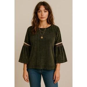 THML Dark Green Chenille Ribbed Sweater Flared Sleeve Medium Boho Goblin Cottage